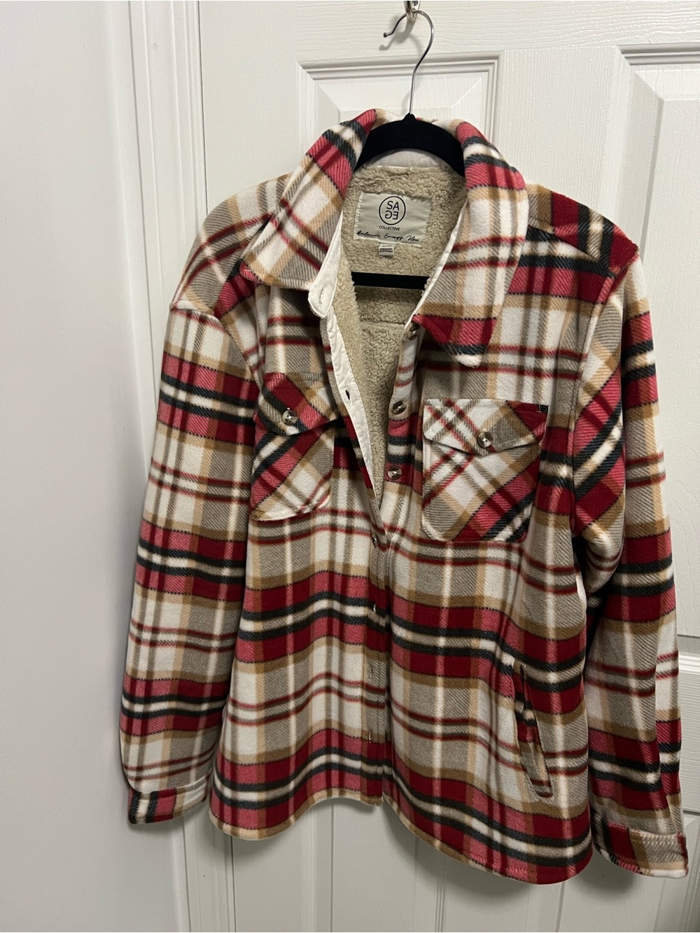 Plaid Sherpa-Lined Button Jacket in Red, Cream & Tan